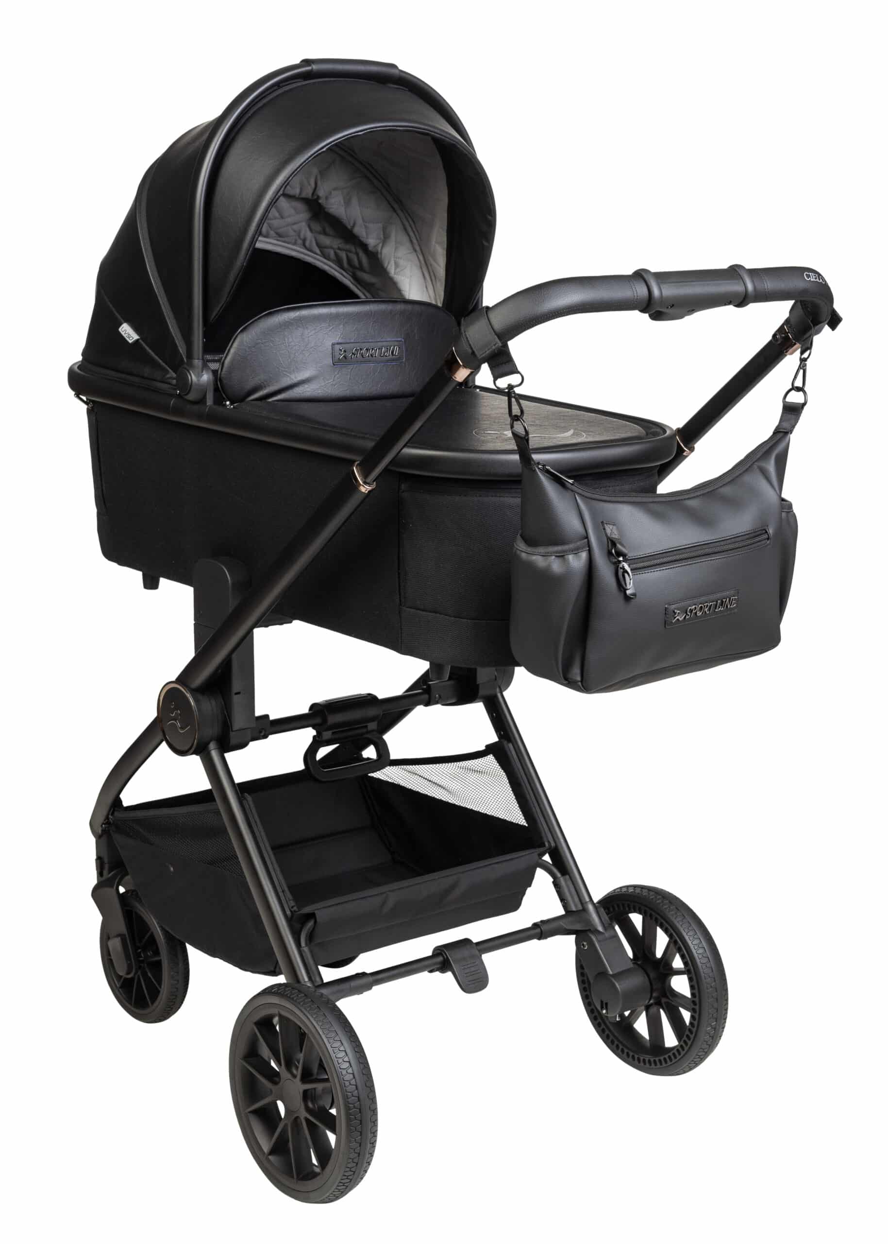 עגלת סיאלו פרו PRO Sport Line Cielo מהדורה מיוחדת כולל תיק תואם שילדה שחורה - עור שחור ספורטליין