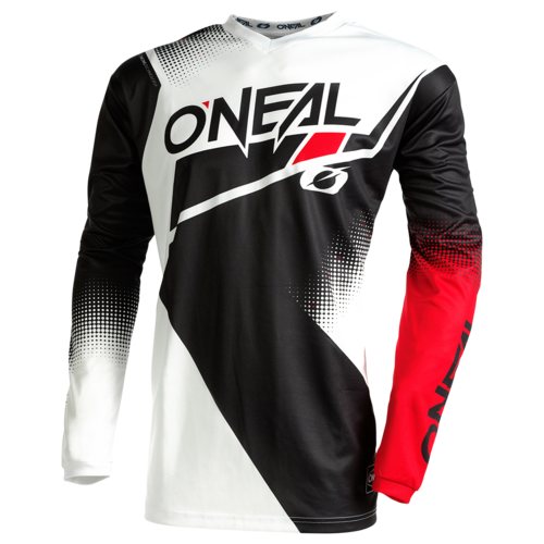חליפת רכיבה ONEAL ELEMENT RACEWEAR V.22 בצבע אדום ושחור, כוללת חולצה עם הגנת מרפק מרופדת וזנב מורחב, מכנסיים עם מגני ירכיים EVA נשלפים ותוספות עמידות. מק