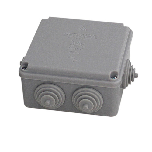 קופסת הסתעפות מרובעת עם פיטמה חסינת אש בצבע אפור, גודל 100/100 מ"מ, דרגת אטימות IP55, חזקה במיוחד