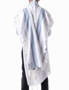 טלית צמר - פסים תכלת וכסף מידה 45