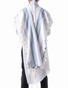 טלית צמר - פסים תכלת וכסף מידה 70