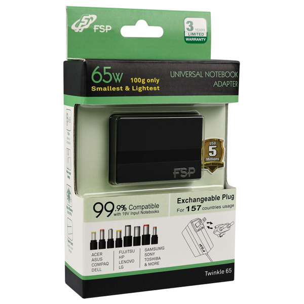 מטען אוניברסלי למחשב נייד FSP Notebook Universal Adapter 65W Twinkle