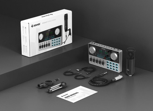 חבילת פודקאסט EC2818 ALL IN ONE הכוללת ממשק עם מיקסר וכרטיס קול + מיקרופון קונדנסר PODCAST מבית DONNER