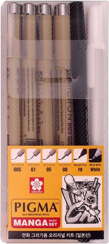 סט 5 לינרים שחורים + 1 עט לבן  PIGMA MANGA SET