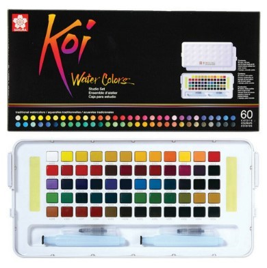 סט 60 צבעי מים בקופסת פלסטיק  KOI SAKURA +  כחול מים