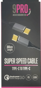 כבל הטענה TYPE-C TO TYPE-C 3M 9PRO שחור