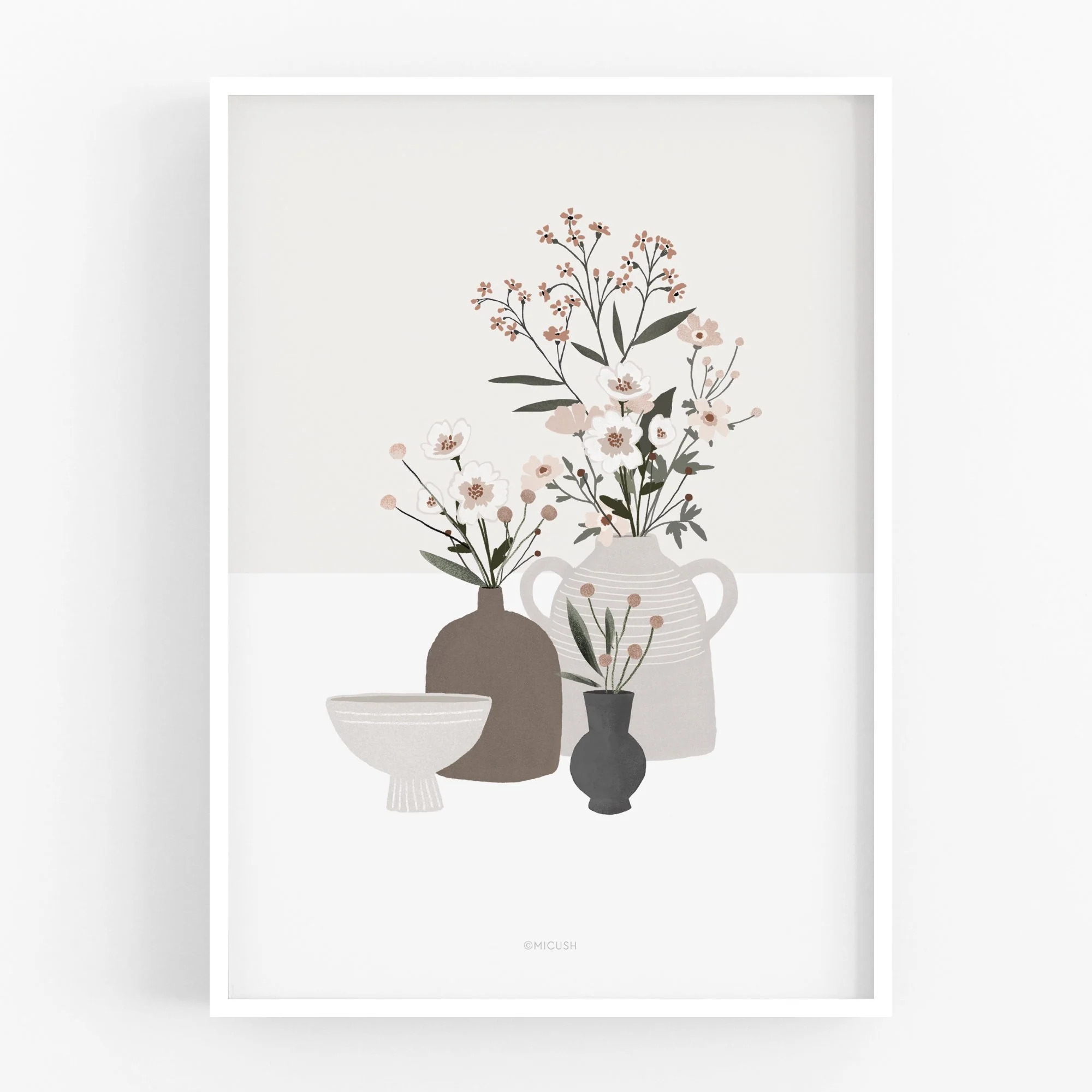 הדפס - Pottery and Flowers - Light Grey Background