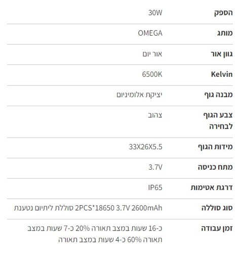 תאורת שטח נטענת Tiger 30W שלושה מצבי תאורה - OMEGA