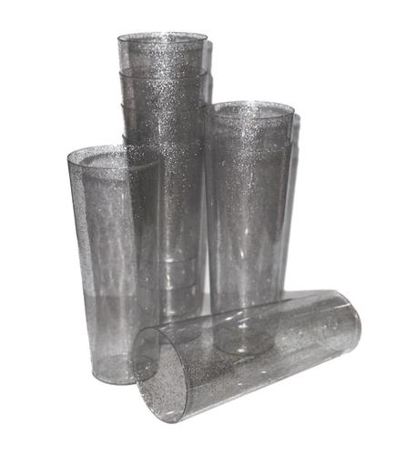 10 כוסות לונג - שקוף נצנצים כסף 