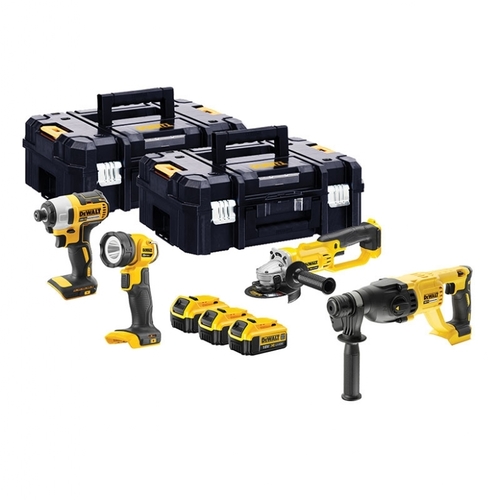 סט נטען 18V מברגת אימפקט + פטישון + משחזת זווית + פנס נטען + 3 סוללות 5 אמפר Dewalt DCK404P3T 