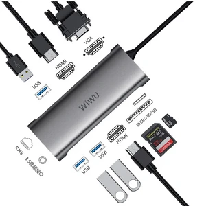 תחנת עגינה 10 ב-1 למחשב נייד USB-C דגם WiWU Alpha A11312H עם חיבורי HDMI 4K@30Hz, VGA, קורא כרטיסי SD ו-Micro SD, אודיו 3.5mm, 3 יציאות USB 3.0, RJ45, ו-USB Type-C