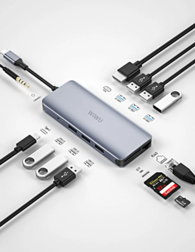 תחנת עגינה 12 ב-1 למחשב נייד בחיבור USB-C דגם WIWU Alpha - לריכוז ממשקים נייד וקומפקטי הכולל 3 יציאות USB 3.0, 3 יציאות USB 2.0, יציאת HDMI, יציאת RJ45 לחיבור כבל רשת, קורא כרטיסי SD, קורא כרטיסי Micro SD (TF), יציאת אוזניות 3.5 מ