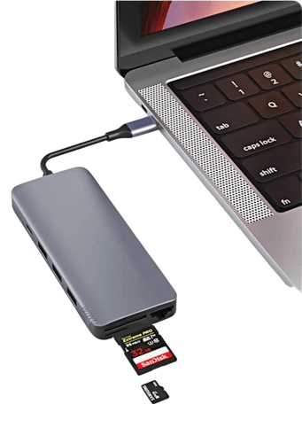 תחנת עגינה 12 ב-1 למחשב נייד בחיבור USB-C דגם WIWU Alpha - לריכוז ממשקים נייד וקומפקטי הכולל 3 יציאות USB 3.0, 3 יציאות USB 2.0, יציאת HDMI, יציאת RJ45 לחיבור כבל רשת, קורא כרטיסי SD, קורא כרטיסי Micro SD (TF), יציאת אוזניות 3.5 מ