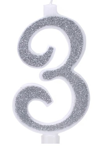נר מספר ענק נצנצים כסף ולבן 3 