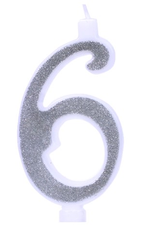 נר מספר ענק נצנצים כסף ולבן 6 