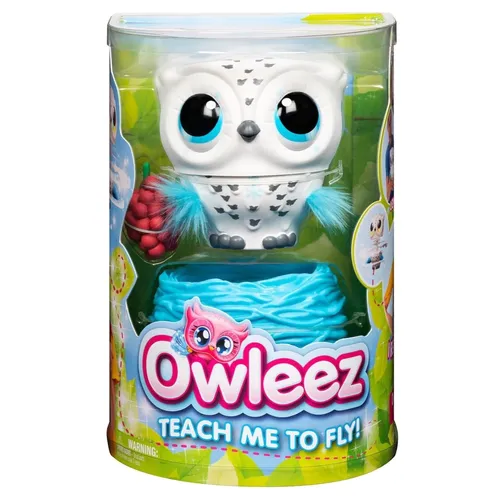 בובת ינושוף אינטראקטיבית מעופפת Owleez עם אורות, צלילים ותחנת עגינה וטעינה - לבן