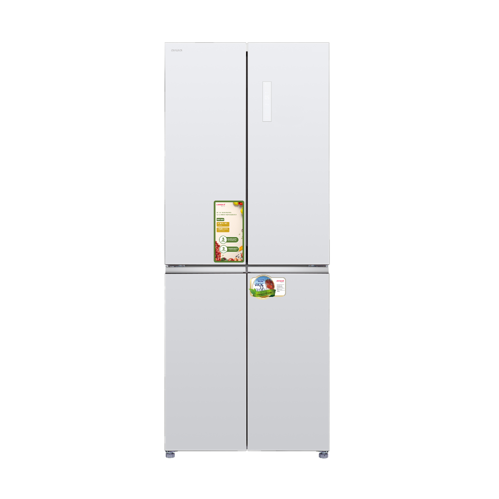 מקרר 4 דלתות מקפיא תחתון 450 ליטר aiwa INVERTER NF 5500 דגם AI-430WEXG-WG זכוכית לבנה