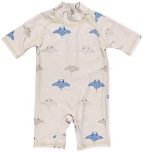 בגד ים מעוצב אוברול עם שרוולים לגיל 6-9 חודשים - חתולי ים כחול/בז