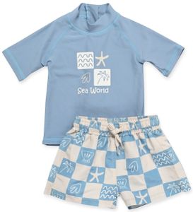 בגד ים מעוצב חולצה ומכנסיים לגיל 6-9 חודשים - Sea World משבצות כחול
