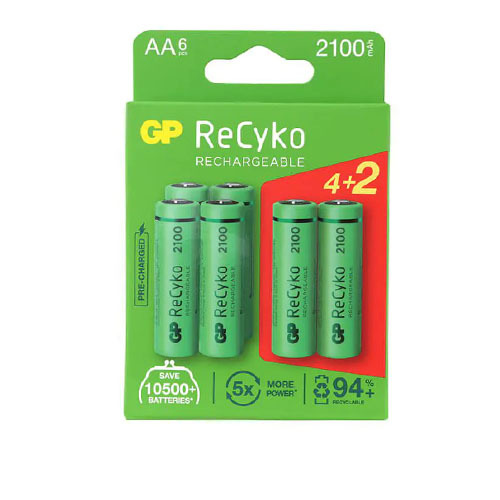 סוללות נטענות 4+2 יחידות GP ReCyKo AA NiMH 2100mAh