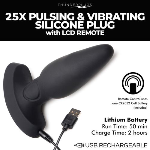 פלאג אנאלי פולסר עם שלט רחוק 25X Pulsing & Vibrating Silicone Plug W- LCD Remote