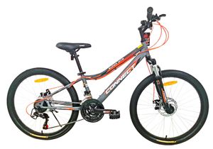 אופני הרים לנוער קונקט MTB במידה "24 עם 21 הילוכים, בלמי דיסק ובולם זעזועים קדמי - אפור/כתום