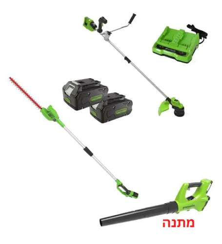 סט כלי גינון POWERFUL POWERFUL מגזמת גובה 24V + קיט חרמש/קוצץ 48V + נינג’ה + 2 סוללות 4.0Ah + מטען כפול ומפוח 24V מתנה דגם 99579/16 יצרן גרין וורקס