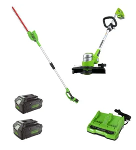 סט כלי גינון נטענים דיל קומבי HANDY קוצץ קנטים (“12) 24V דגם משופר +מגזמת גובה 24V (דגם משופר) + סוללה 4.0Ah + מטען מהיר דגם 99579/12 יצרן גרין וורקס