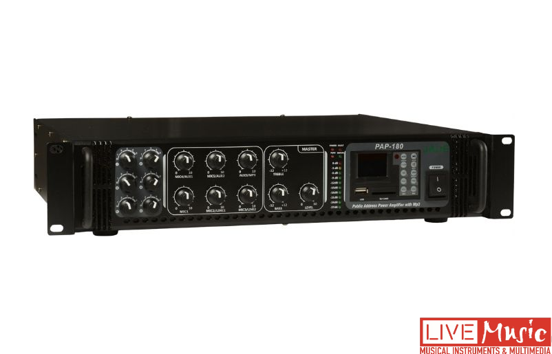 מגבר+שנאי, 6 כניסות, 6 אזורים, נגן USB/SD,‏ 180W RMS