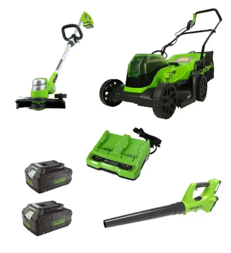 מפוח עלים 24V +קוצץ קנטים (“12) 24V דגם Deluxe+מכסחת דשא 36 ס”מ 48V (2X24V) עם 2 סוללות 4Ah ומטען Dual Port 4A