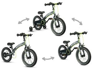 MINIBY 3in1 - אופני איזון "14 שהופכים לאופני ילדים עם בלם יד וגלגלי עזר לגילאי 3-6 שנים - אפור