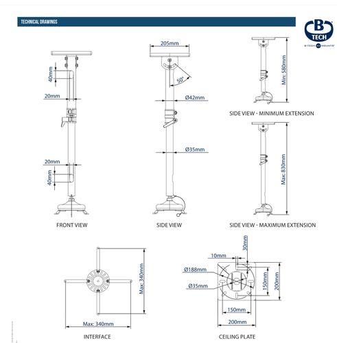 זרוע תקרה למקרן דגם:B-TECH BT-882
