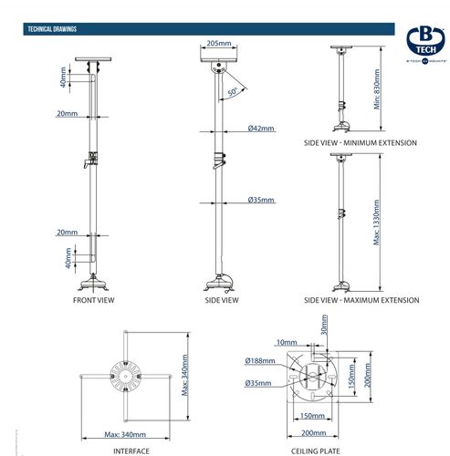 זרוע תקרה למקרן דגם:B-TECH BT883