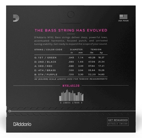 זוית נוספת D'Addario NYXL45130 Regular Light Long Scale 5-String Bass Strings