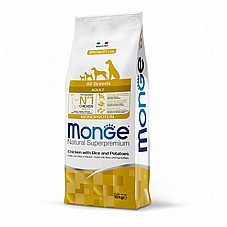 MONGE מונג 12 ק"ג מזון יבש לכלבים בוגרים בטעם עוף אורז ותפו"א