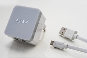 מטען קיר APX 264AN 3.4A עם שתי כניסות USB + כבל מיקרו USB Apex