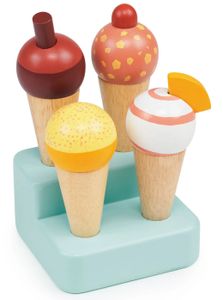 4 גביעי גלידה צבעוניים מעץ עם מעמד למשחקי דמיון