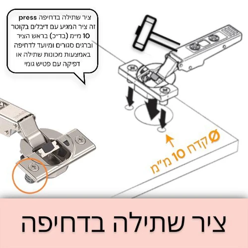 התקנת ציר ישר קנט מלא שתילה בדחיפה press תואם Hettich/Grass מרחק חורים 52 מ"מ, בולם טריקה שקטה ותושבת משוכללת מבית DTC