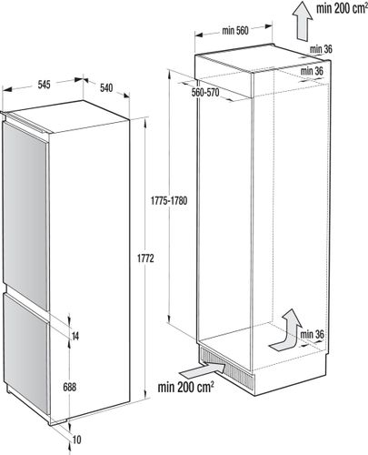 מקרר אינטגרלי עם מקפיא תחתון 60 מבית GORENJE גורנייה דגם NOFROST  RIKNF6100IL