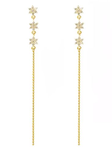 זוג עגילי שרשרת מצופי זהב עם 3 פרחים משובצי זירקונים - קרלי (בקופסת מתנה מהודרת)