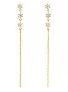 זוג עגילי שרשרת מצופי זהב עם 3 פרחים משובצי זירקונים - קרלי (בקופסת מתנה מהודרת)