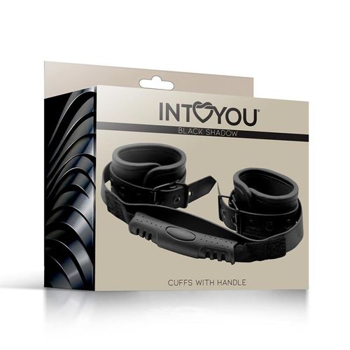 סט אזיקים עם ידית משיכה Intoyou - Vegan Leather Cuffs with Handle - Black