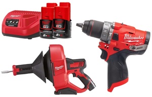 פותח סתימות נטען - קפיץ 6 מ"מ + מברגת פוטר 12V כולל סוללות 2AH מבית MILWAUKEE