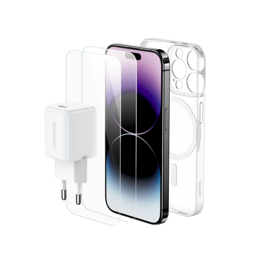  מארז אביזרי iPhone 15 Plus הכולל: מטען קיר 30W + כיסוי MagSafe + זוג מגני מסך זכוכית