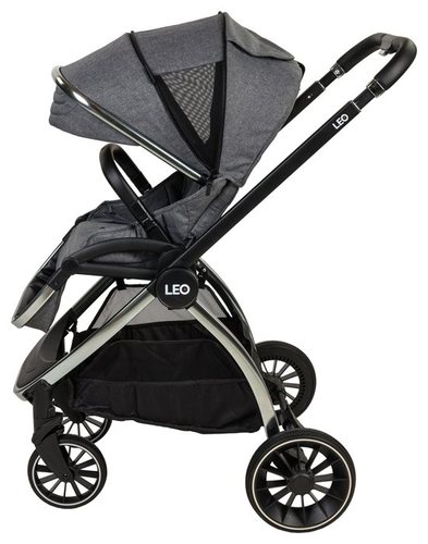 עגלת תינוק LEO+ כרום ריפוד אפור ידית שחורה