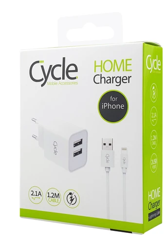 מטען קיר Cycle CYH2.1A-L עם 2 יציאות USB + כבל Lightning/אייפון