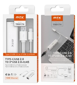 מפצל USB + חיבור רשת RJ-45 למחשב עם חיבור USB/Type-C דגם 4 ב-1 MTK TR9174