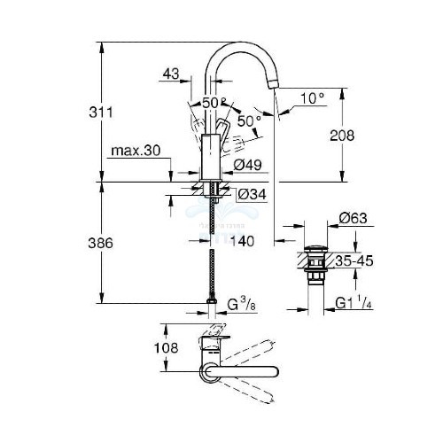 23891001 GROHE | ברז פרח Grohe 23891001 ניצב לכיור רחצה BAULOOP | פיה קשתית | כרום ניקל גרואה.