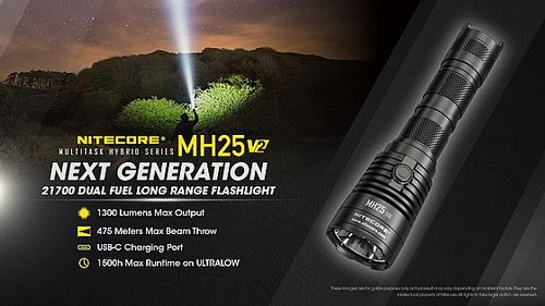 פנס יד נטען 1300 לומן MH25 V2 למרחק 475 מ' NITECORE
