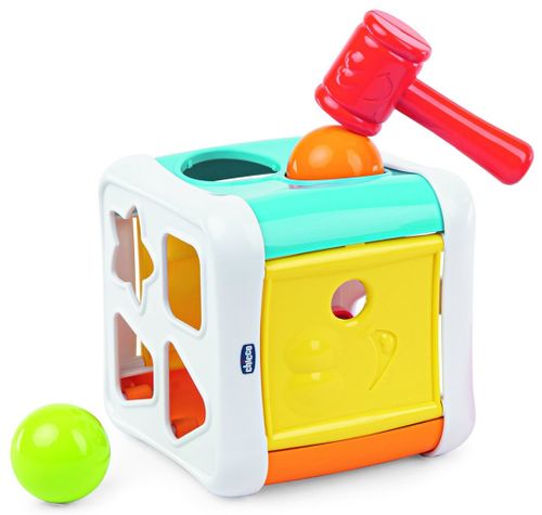 קוביית משחק 2 ב 1 להכרת צורות וצבעים - התאם צורה והך פטיש 